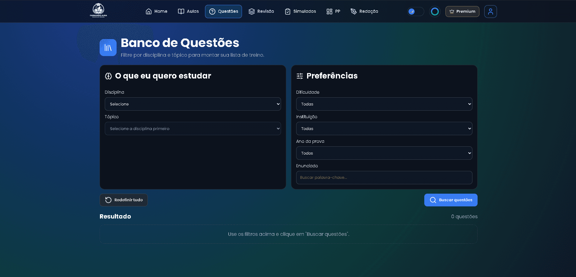 Tela de questões da plataforma Farmando Aura