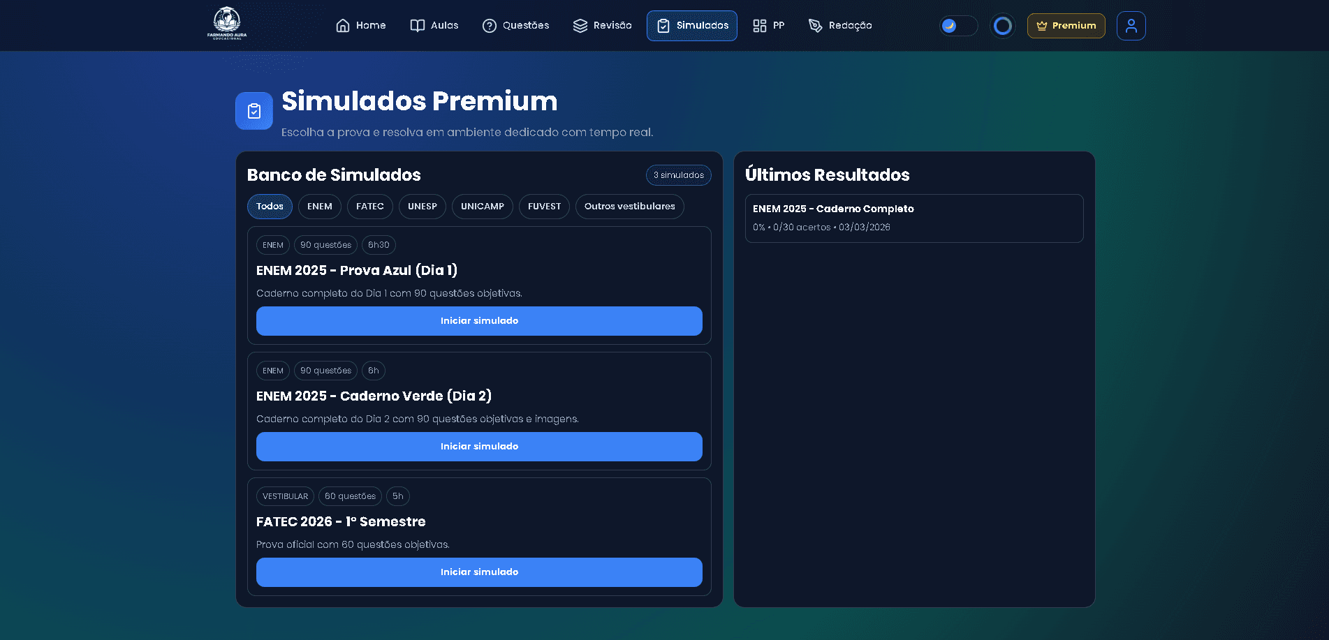 Tela de simulados da plataforma Farmando Aura